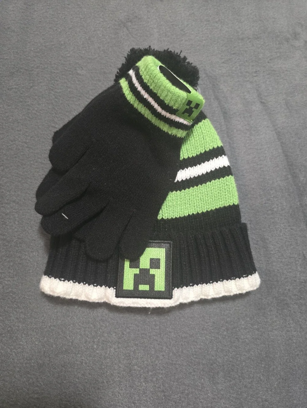 Kids Black & Green Knit Beanie and Glove Set with Pixel Badge